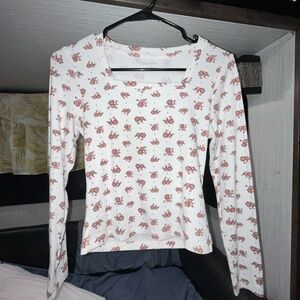 Old Navy Fitted White and Pink Long Sleeve Blouse